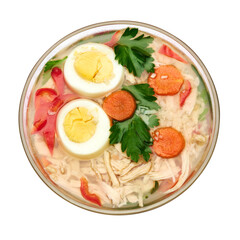 Delicious chicken aspic in glass bowl isolated on white background
