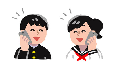 スマートフォンで通話する学生服姿の男女