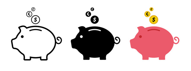 Set of piggy bank icon. Piggy bank icon, black, outline and color. Vector illustration. Piggy bank for saving money. Piggy bank for coin. Saving money.