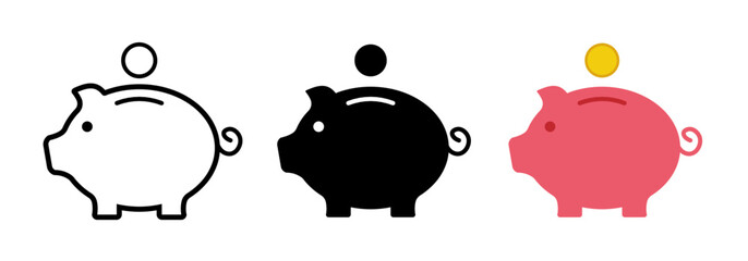 Fototapeta Set of piggy bank icon. Piggy bank icon, black, outline and color. Vector illustration. Piggy bank for saving money. Piggy bank for coin. Saving money. obraz