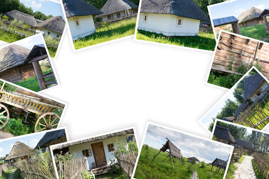Collage of photos in the village in summer.