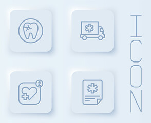 Set line Tooth with caries, Ambulance, Mobile heart rate and Patient record. White square button. Vector