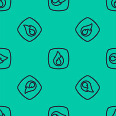 Blue line Fire flame icon isolated seamless pattern on green background. Vector