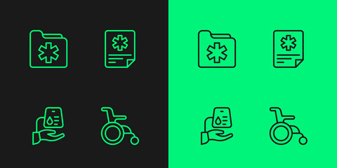 Set line Wheelchair for disabled person, Blood donation, Medical health record folder and Patient icon. Vector