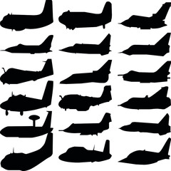 Different airplane, aircraft, Aeroplan, plane and aviation icons. Artwork show airliner, jet, light aircraft, cargo plane, airship, helicopter, space rocket, biplane, monoplane, and seaplane.