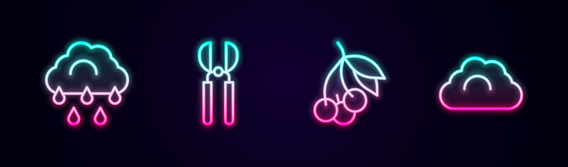 Set line Cloud with rain, Gardening scissors, Fresh berries and Cloudy weather. Glowing neon icon. Vector