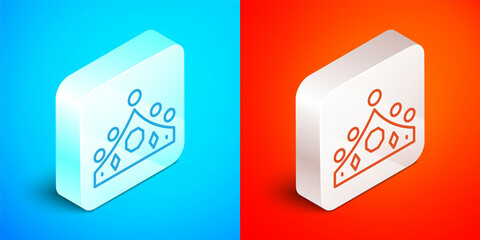Isometric line King crown icon isolated on blue and red background. Silver square button. Vector