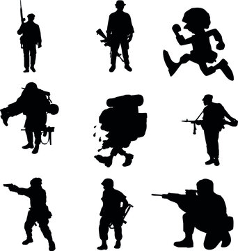Set of military silhouettes, military vector illustration, Army soldiers, , Military silhouettes background. Soldiers silhouettes collection. warriors in our time. Armed Soldier Silhouette Collection