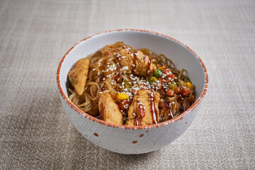 funchose with chicken, chicken with vegetables