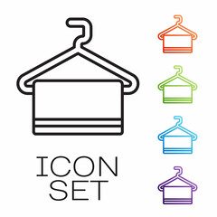 Black line Towel on hanger icon isolated on white background. Bathroom towel icon. Set icons colorful. Vector