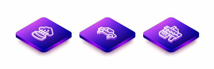 Set Isometric line Network cloud connection, Fantastic flying car and Futuristic weapon icon. Vector