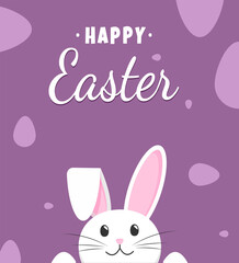 Easter bunny peeking out from below. Background with eggs pattern. The inscription Happy Easter. Greeting card template in purple or pink