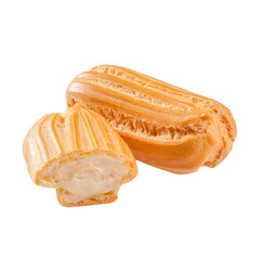 Eclairs of choux pastry with milky cream custard isolated on white