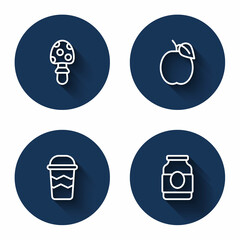 Set line Fly agaric mushroom, Plum fruit, Coffee cup to go and Jam jar with long shadow. Blue circle button. Vector