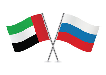The United Arab Emirates and Russia crossed flags. UAE and Russian flags isolated on white background. Vector illustration.