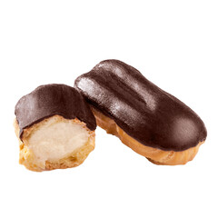 Choux pastry eclair with milk cream custard and chocolate glaze isolated on white