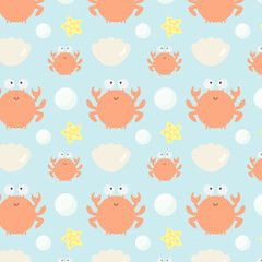 Vector seamless pattern with crabs. Marine theme. For greeting card, posters, banners, books, printing on the pack, printing on clothes, fabric, wallpaper.