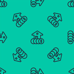 Blue line House with dollar symbol icon isolated seamless pattern on green background. Home and money. Real estate concept. Vector