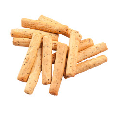 Crunchy bread sticks filled with onion and herbs isolated on white