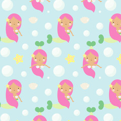 Vector seamless pattern with Cute Mermaids. For greeting card, posters, banners, books, printing on the pack, printing on clothes, fabric, wallpaper.	