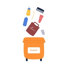 Plastic garbage, waste in orange trash container. Rubbish dumpster for bags, bottles, packages. Eco recycling dustbin. Flat vector illustration isolated on white background