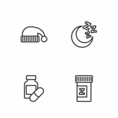 Set line Sleeping pill, hat and Moon and stars icon. Vector
