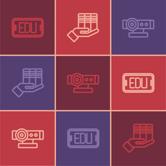 Set line Online education, Web camera and Book donation icon. Vector