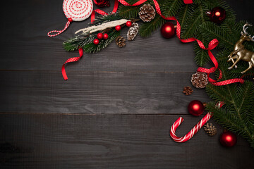 Top view of New year or Christmas Festive decorated background