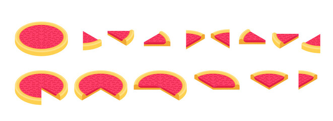 Slice of pie. Pieces pink cake infographics set. The whole cake and its parts. Isometric view.