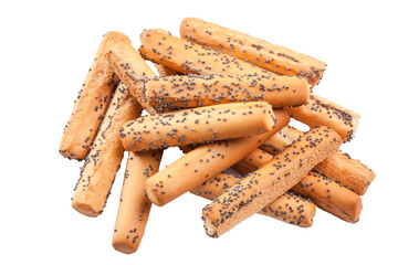 Crispy breadsticks with poppy seeds isolated on white background