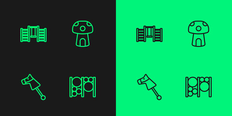 Set line Playground climbing equipment, Toy horse, Swedish wall and Mushroom house icon. Vector