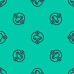 Blue line Electric car and electrical cable plug charging icon isolated seamless pattern on green background. Renewable eco technologies. Vector