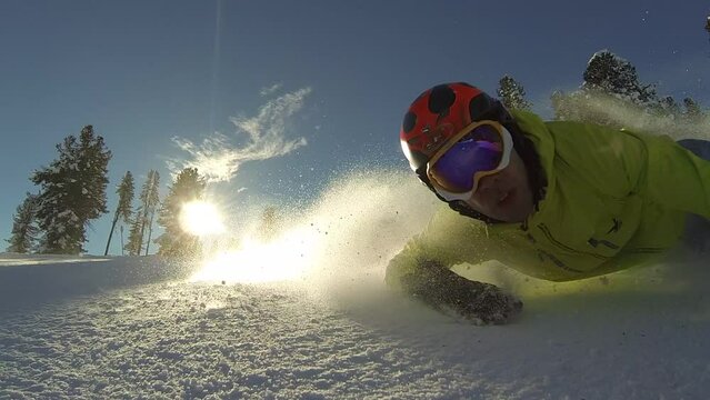 Snowboarding in mountains. Extreme carving.