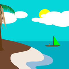 vector illustration of a beach with coconut trees and a fishing boat