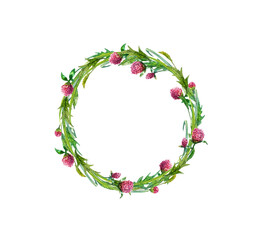 Wildflowers watercolor wreath. Hand painted clover flowers and leaves.