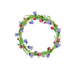 Wildflowers watercolor wreath. Hand painted clover, bell flowers and leaves.