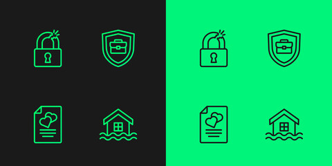 Set line House flood, Marriage contract, Broken or cracked lock and Briefcase with shield icon. Vector