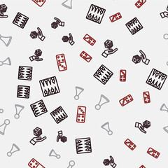 Set line Backgammon board, Game dice, Chip for game and Domino on seamless pattern. Vector