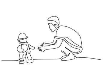 One continuous single line of boy playing with his little robot isolated on white background.