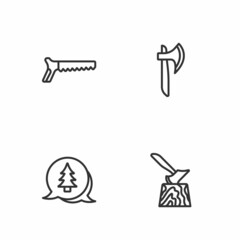Set line Wooden axe in stump, Tree, Hand saw and icon. Vector