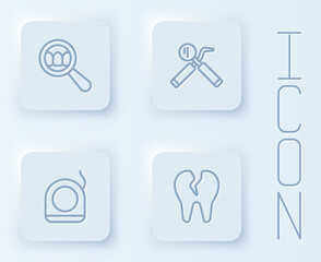 Set line Dental search, mirror and probe, floss and Broken tooth. White square button. Vector