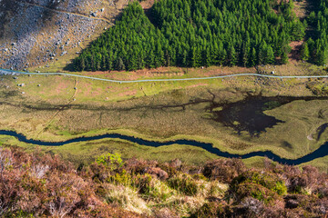 Glacial valley landscape with river, view from above.
Glenealo Valley in Glendalough as seen from...
