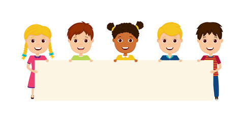 Children hold placard. Kids holding blank banner or board. ​Cartoon little boys and girls showing of placard. Illustration with happy and cute childs with poster for school, kindergarten. Vector