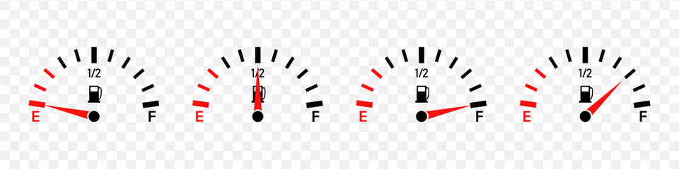 Fuel gauge. Full, half level and empty tank. Guage meter of petrol and gas on dashboard. Gage gasoline in car. Set of icons for automobile isolated on transparent background. Vector