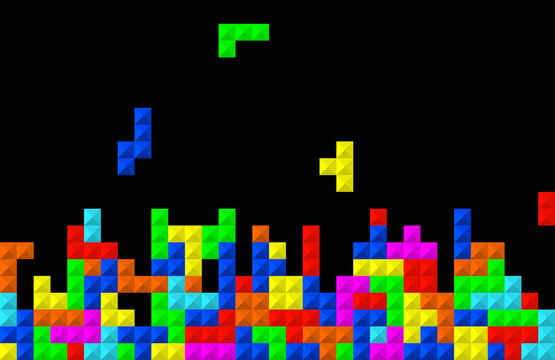 Tetris game. Tetris pixel background. Arcade game. Background of video with puzzle, brick and retro pattern. Texture of graphic computer toy. Block wallpaper. Vector