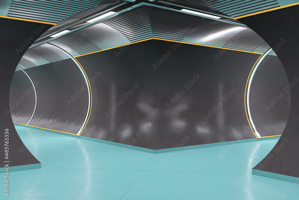 Poster abstract dark concrete and blue tunnel interior with mock up place. futuristic spaceship design conc