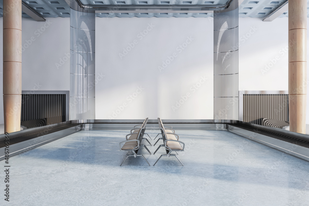Poster modern airport waiting area concrete hallway interior with seats and columns. 3d rendering.