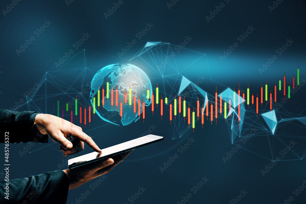 Poster close up of man hand pointing at tablet with glowing polygonal globe and candlestick forex chart. tr