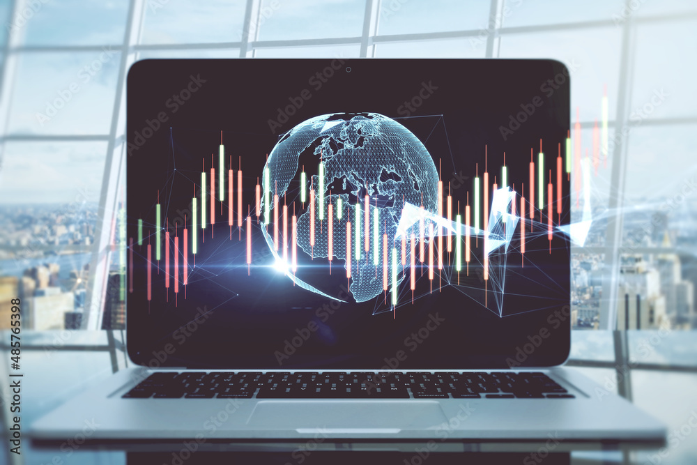 Poster close up of laptop on desktop with glowing polygonal globe, blurry city view background and candlest