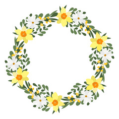 Floral frame and wreath with crocus. Yellow flowers and greens.